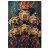 Weimaraner Dog Family in Patriotic Outfits with Stars and Stripes Hats and Bowties for Fourth of July Celebration on Ready to Hang 1.5" Thick Canvas Wrap, Floating Framed Canvas, Flat Rolled Canvas
